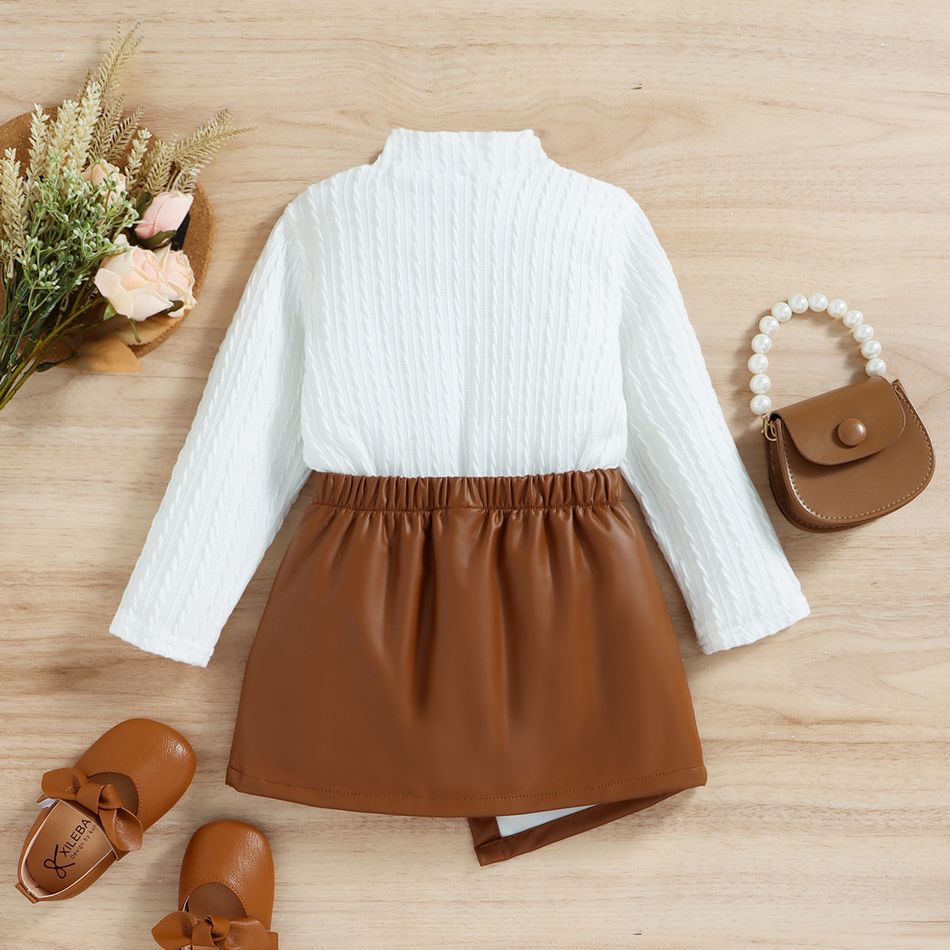 2pcs Toddler Girl Mock Neck Textured Sweatshirt and Irregular PU Shorts Set White big image 3