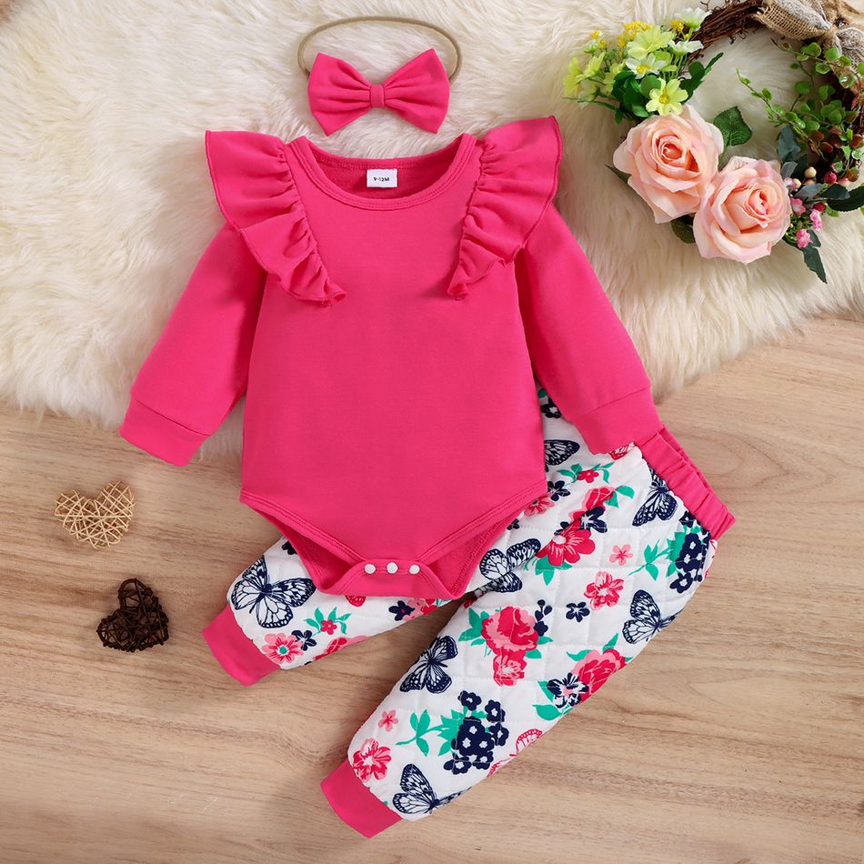 3pcs Baby Girl Solid Ruffle Trim Long-sleeve Romper and Allover Floral & Butterfly Print Quilted Pants with Headband Set Hot Pink big image 1