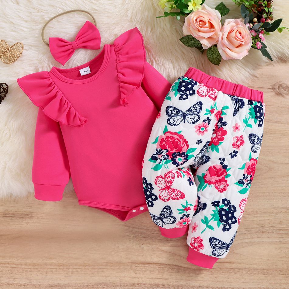 3pcs Baby Girl Solid Ruffle Trim Long-sleeve Romper and Allover Floral & Butterfly Print Quilted Pants with Headband Set Hot Pink big image 3