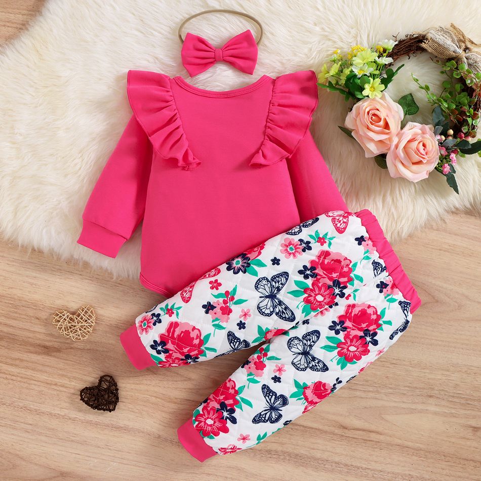 3pcs Baby Girl Solid Ruffle Trim Long-sleeve Romper and Allover Floral & Butterfly Print Quilted Pants with Headband Set Hot Pink big image 2