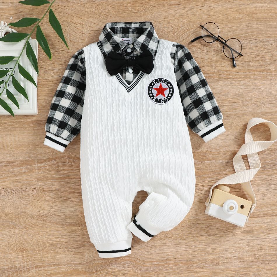 Baby Boy Party Outfit Bow Tie Decor Badge Detail Imitation Knitting Gingham Long-sleeve Jumpsuit OffWhite big image 1