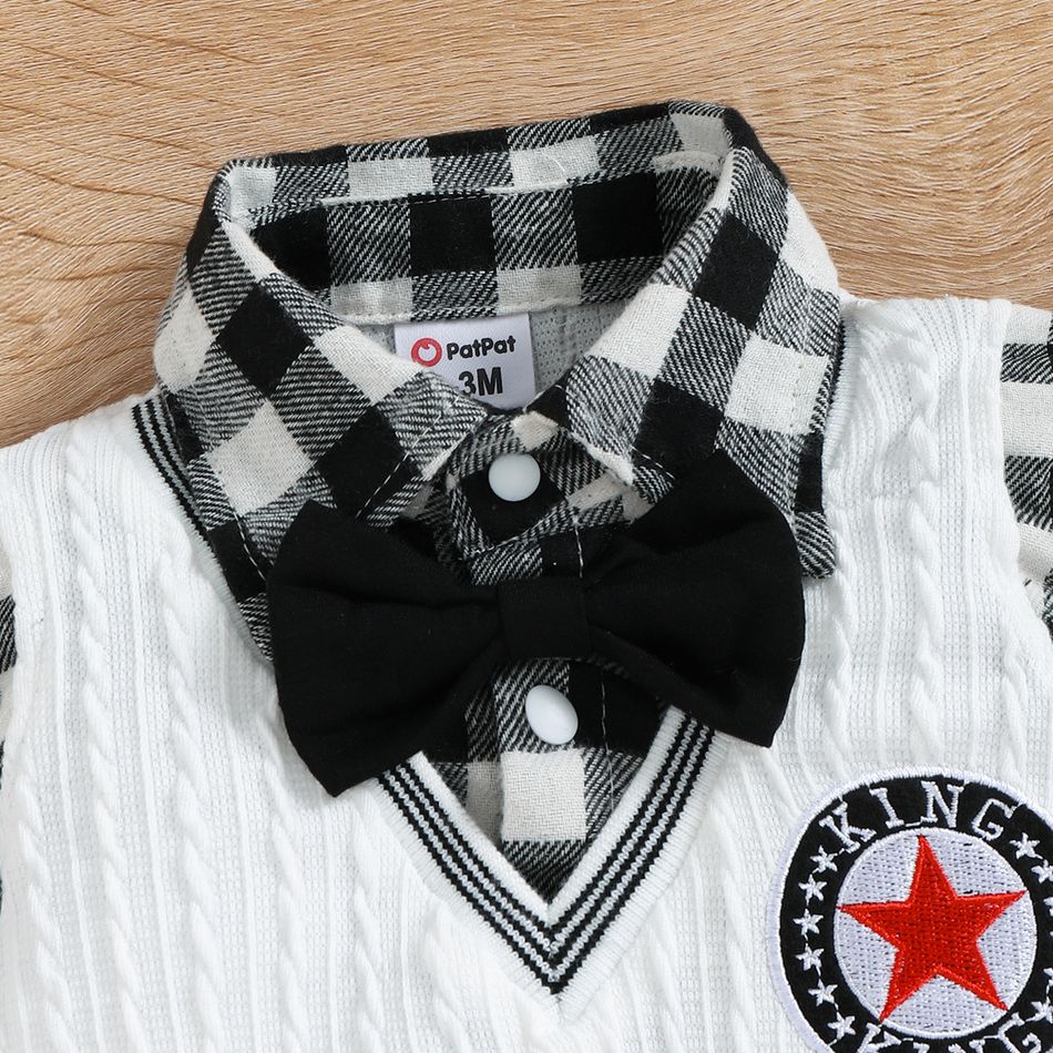 Baby Boy Party Outfit Bow Tie Decor Badge Detail Imitation Knitting Gingham Long-sleeve Jumpsuit OffWhite big image 4