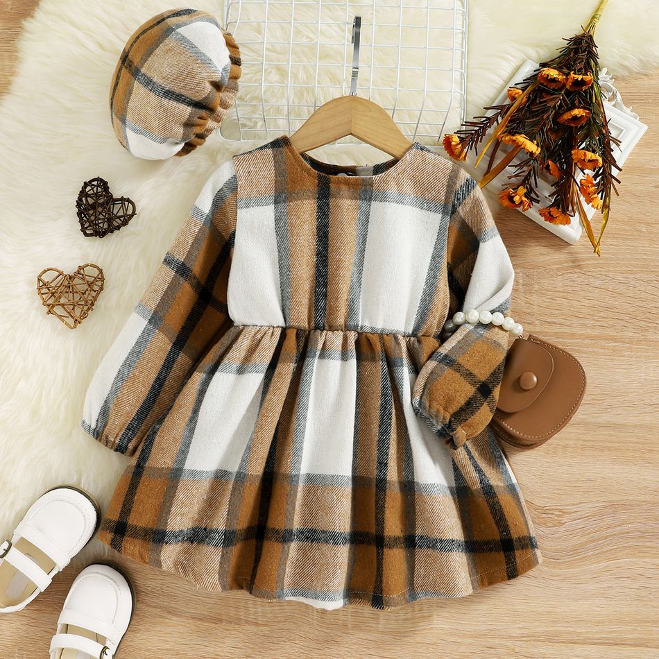 2pcs Toddler Girl Classic Bowknot Design Plaid Dress and Cap Khaki big image 1