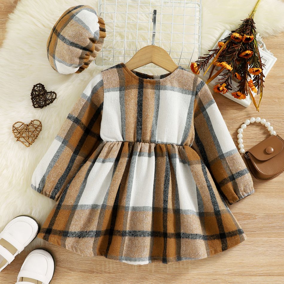 2pcs Toddler Girl Classic Bowknot Design Plaid Dress and Cap Khaki big image 7