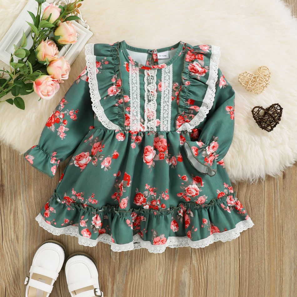 Baby Girl Allover Floral Print Long-sleeve Ruffle Trim Vintage Lace Party Dress Green big image 1