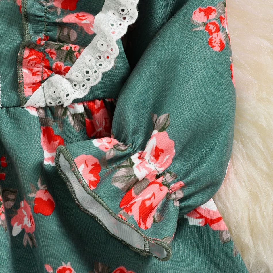 Baby Girl Allover Floral Print Long-sleeve Ruffle Trim Vintage Lace Party Dress Green big image 3