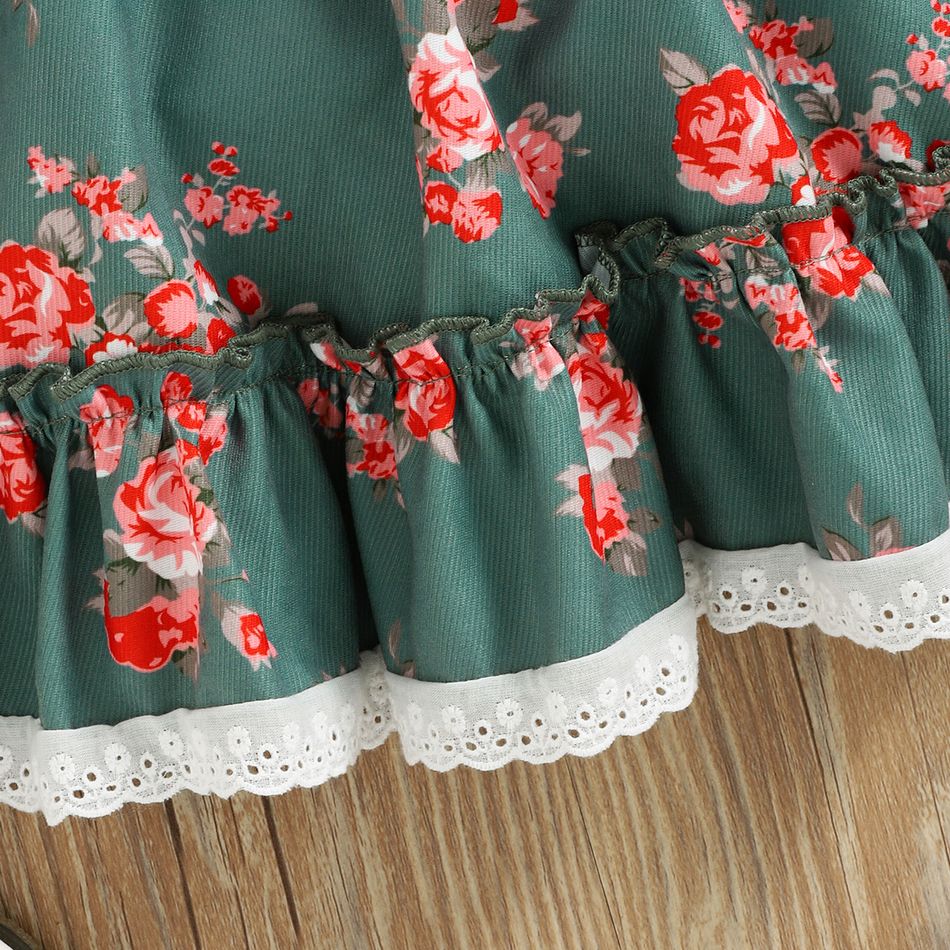 Baby Girl Allover Floral Print Long-sleeve Ruffle Trim Vintage Lace Party Dress Green big image 4
