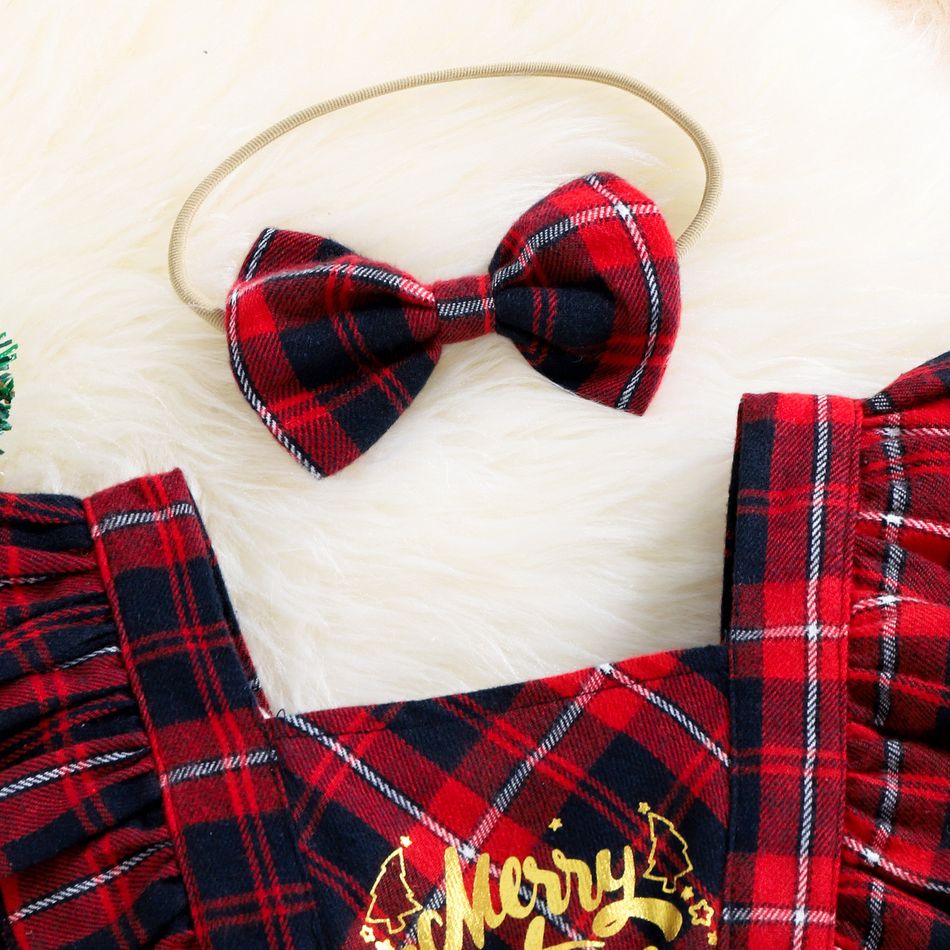 Christmas 2pcs Baby Girl Letter Print Red Plaid Ruffle Trim Long-sleeve Romper with Headband Set Red big image 4