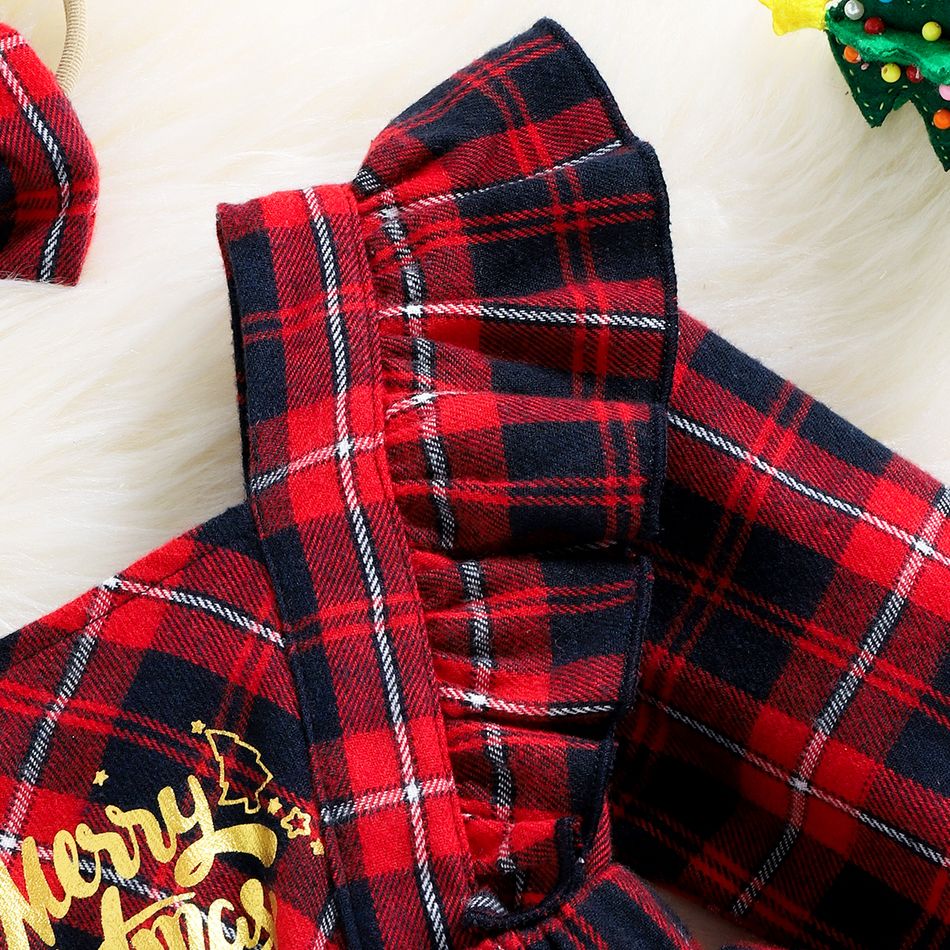 Christmas 2pcs Baby Girl Letter Print Red Plaid Ruffle Trim Long-sleeve Romper with Headband Set Red big image 5