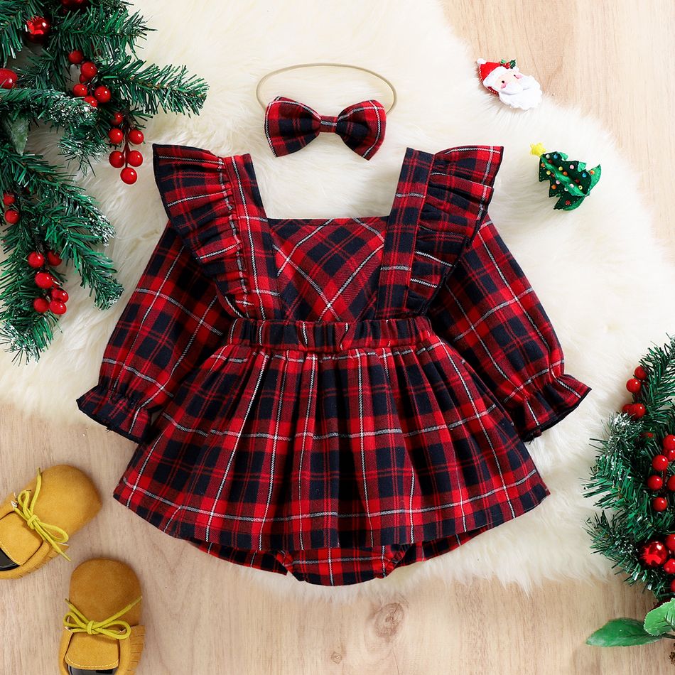 Christmas 2pcs Baby Girl Letter Print Red Plaid Ruffle Trim Long-sleeve Romper with Headband Set Red big image 2