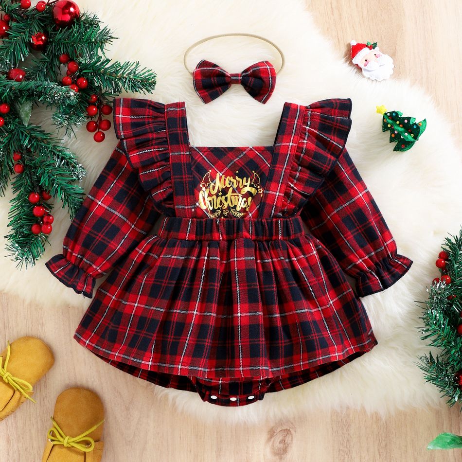 Christmas 2pcs Baby Girl Letter Print Red Plaid Ruffle Trim Long-sleeve Romper with Headband Set Red big image 3