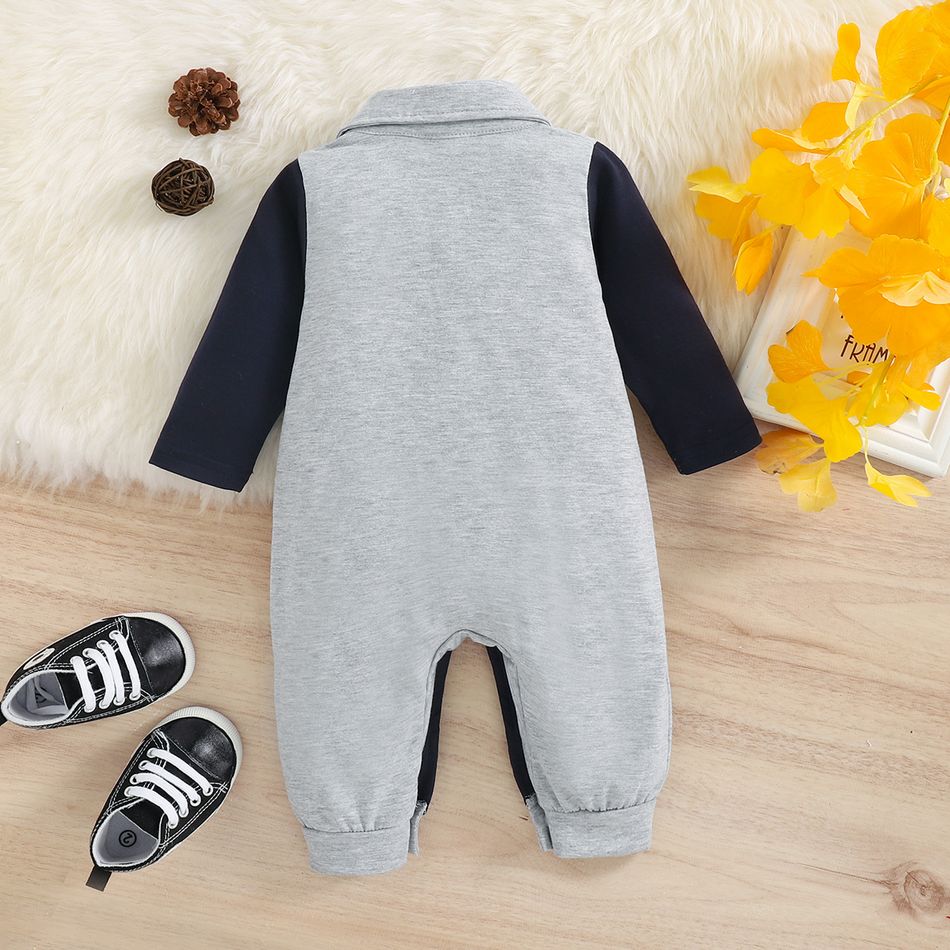 Baby Boy Gentleman Bow Tie Badge Design Party Outfit Colorblock Long-sleeve Button Jumpsuit Grey big image 2