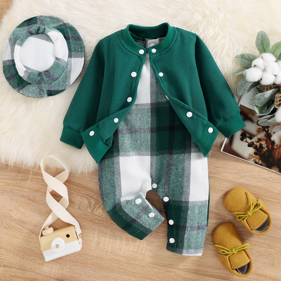 3pcs Baby Boy/Girl Dark Green Plaid Tank Jumpsuit and Solid Waffle Jacket with Hat Set Dark Green big image 1