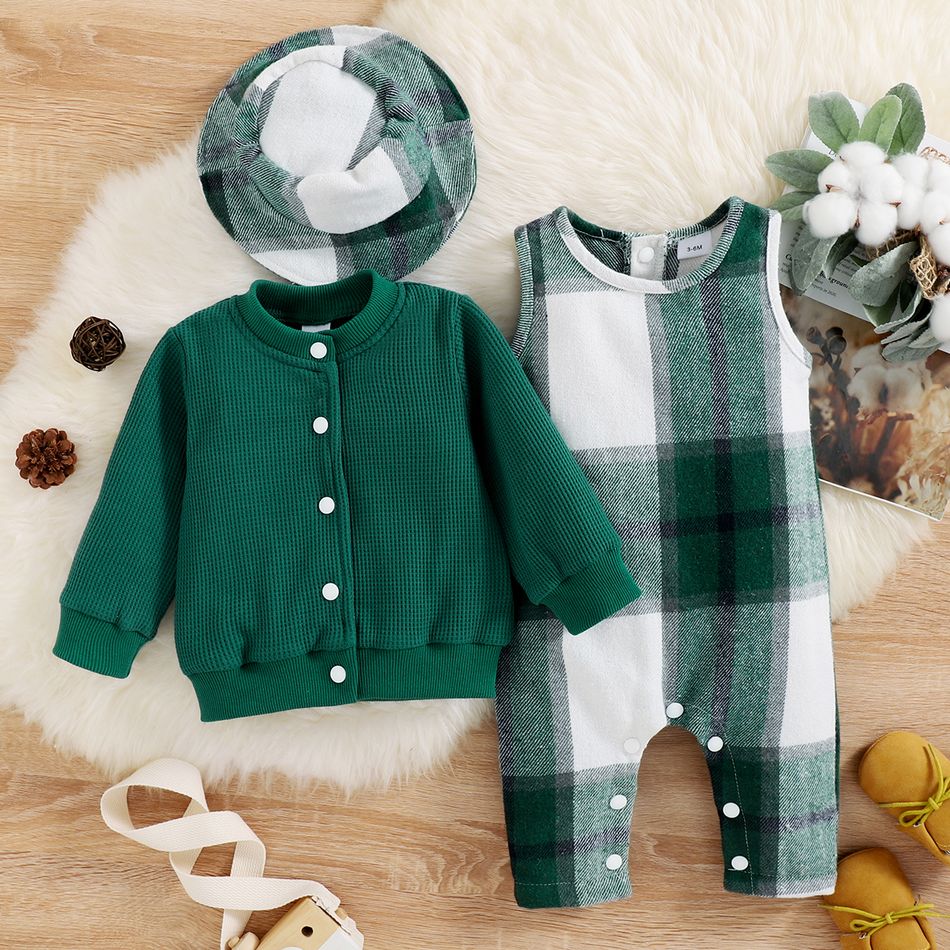 3pcs Baby Boy/Girl Dark Green Plaid Tank Jumpsuit and Solid Waffle Jacket with Hat Set Dark Green big image 4