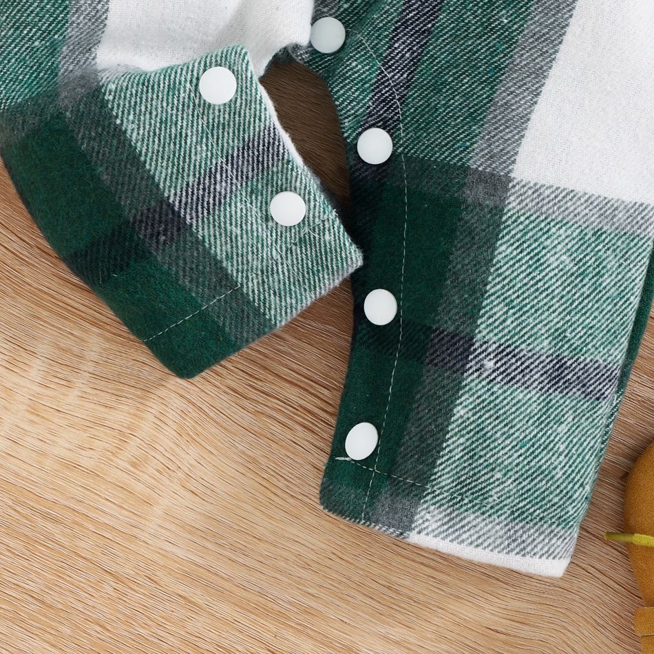 3pcs Baby Boy/Girl Dark Green Plaid Tank Jumpsuit and Solid Waffle Jacket with Hat Set Dark Green big image 7