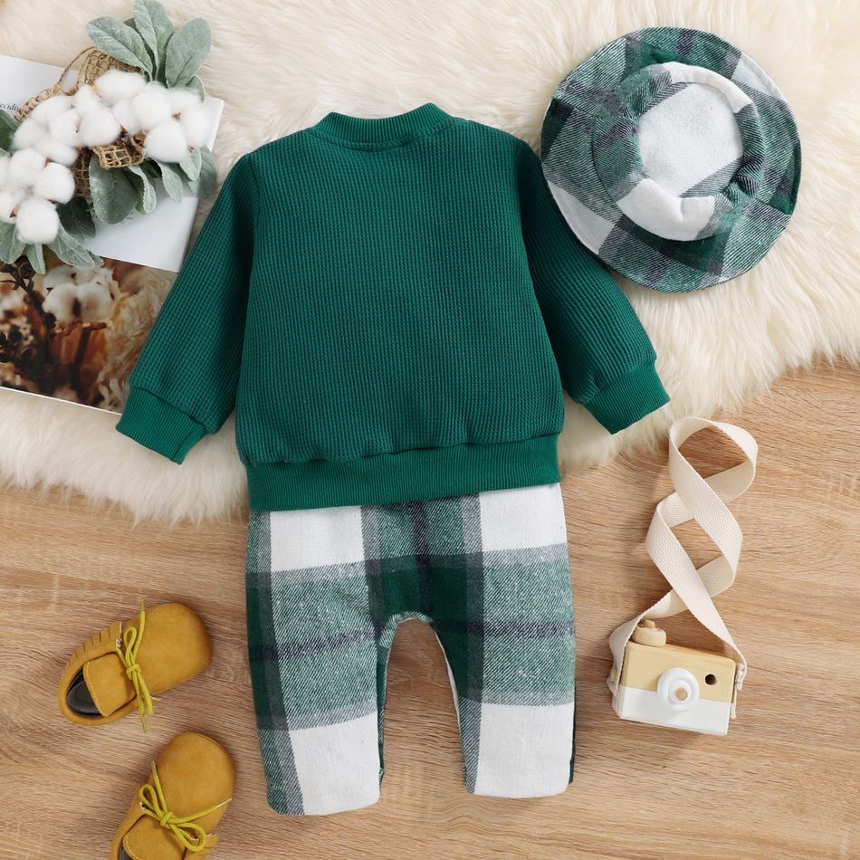 3pcs Baby Boy/Girl Dark Green Plaid Tank Jumpsuit and Solid Waffle Jacket with Hat Set Dark Green big image 2