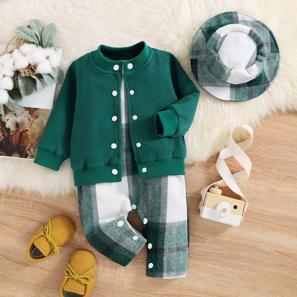 3pcs Baby Boy/Girl Dark Green Plaid Tank Jumpsuit and Solid Waffle Jacket with Hat Set Dark Green big image 3