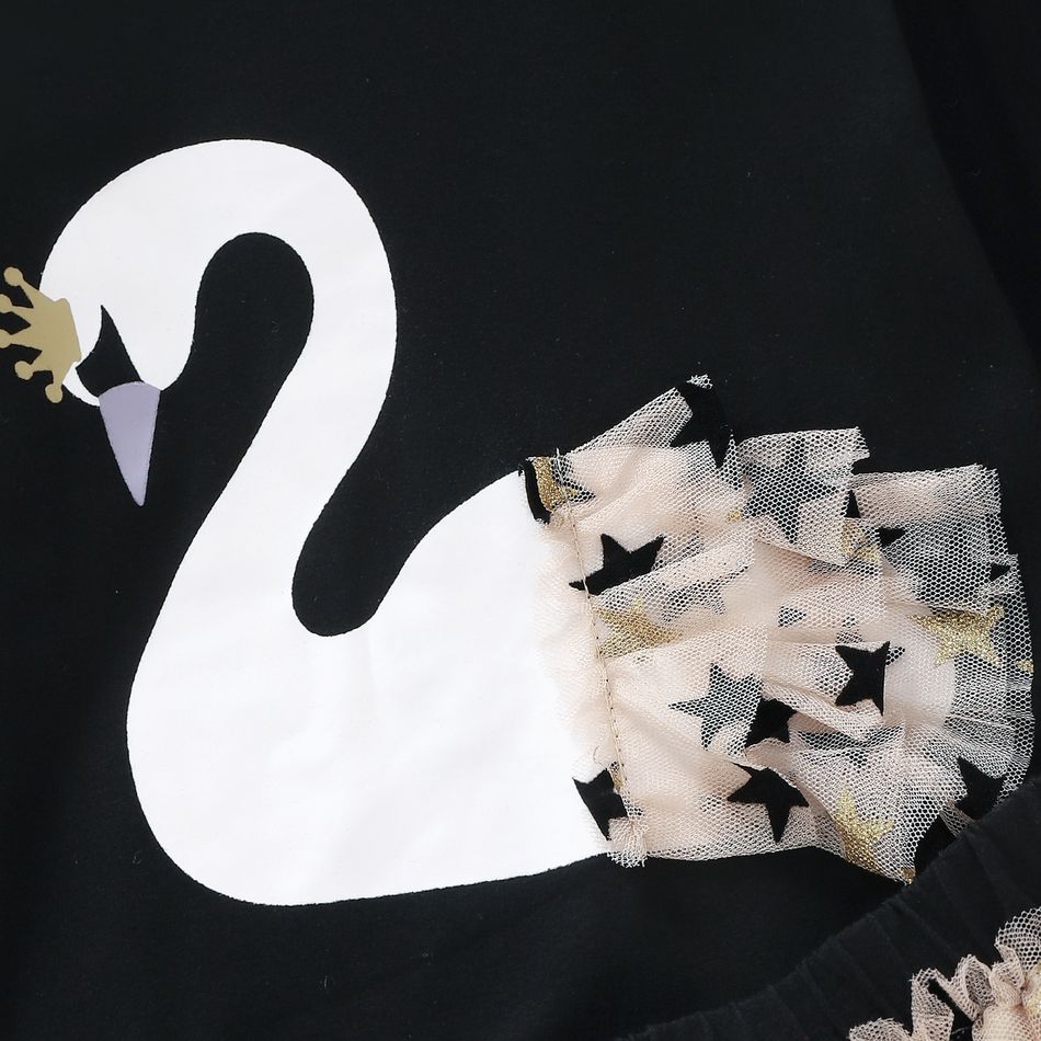 3pcs Toddler Girl Sweet Swan Print Tee and Glitter Stars Mesh Skirt Set Black big image 4