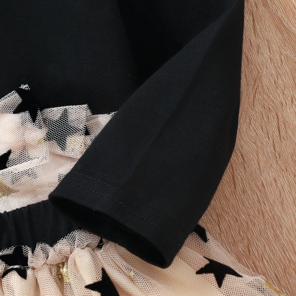 3pcs Toddler Girl Sweet Swan Print Tee and Glitter Stars Mesh Skirt Set Black big image 6