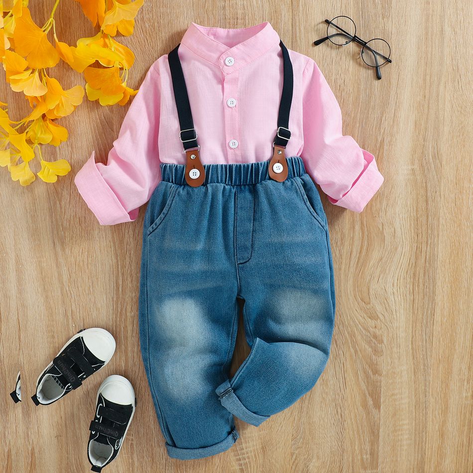 2pcs Toddler Boy Preppy style Suspender Denim Jeans and Shirt Set Pink big image 1