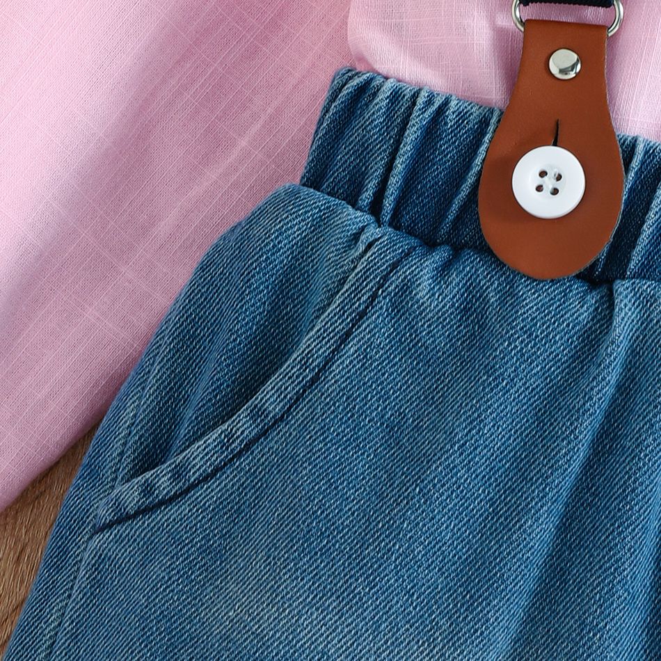 2pcs Toddler Boy Preppy style Suspender Denim Jeans and Shirt Set Pink big image 5