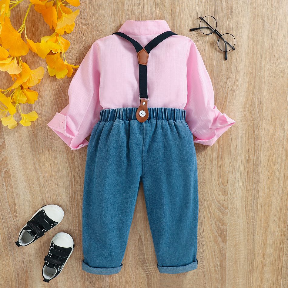 2pcs Toddler Boy Preppy style Suspender Denim Jeans and Shirt Set Pink big image 2