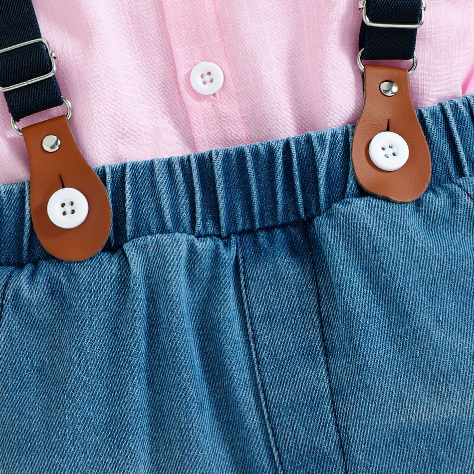 2pcs Toddler Boy Preppy style Suspender Denim Jeans and Shirt Set Pink big image 4