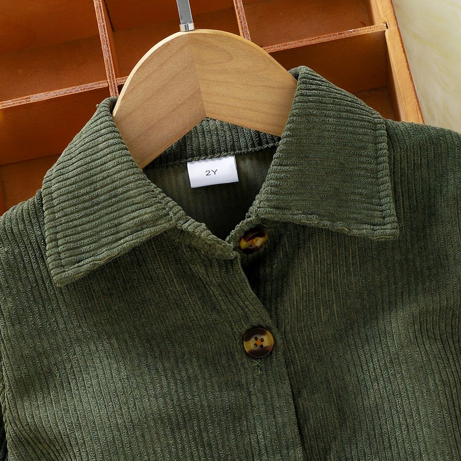2pcs Toddler Girl Trendy Lapel Collar Corduroy Shirt with Belt Army green big image 4
