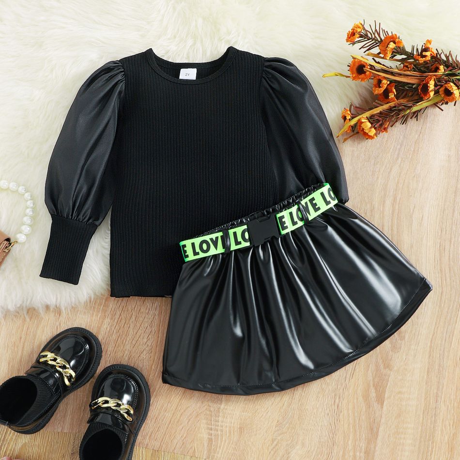 2pcs Toddler Girl Trendy Puff-sleeve Black Tee and Belted PU Skirt Set Black big image 2