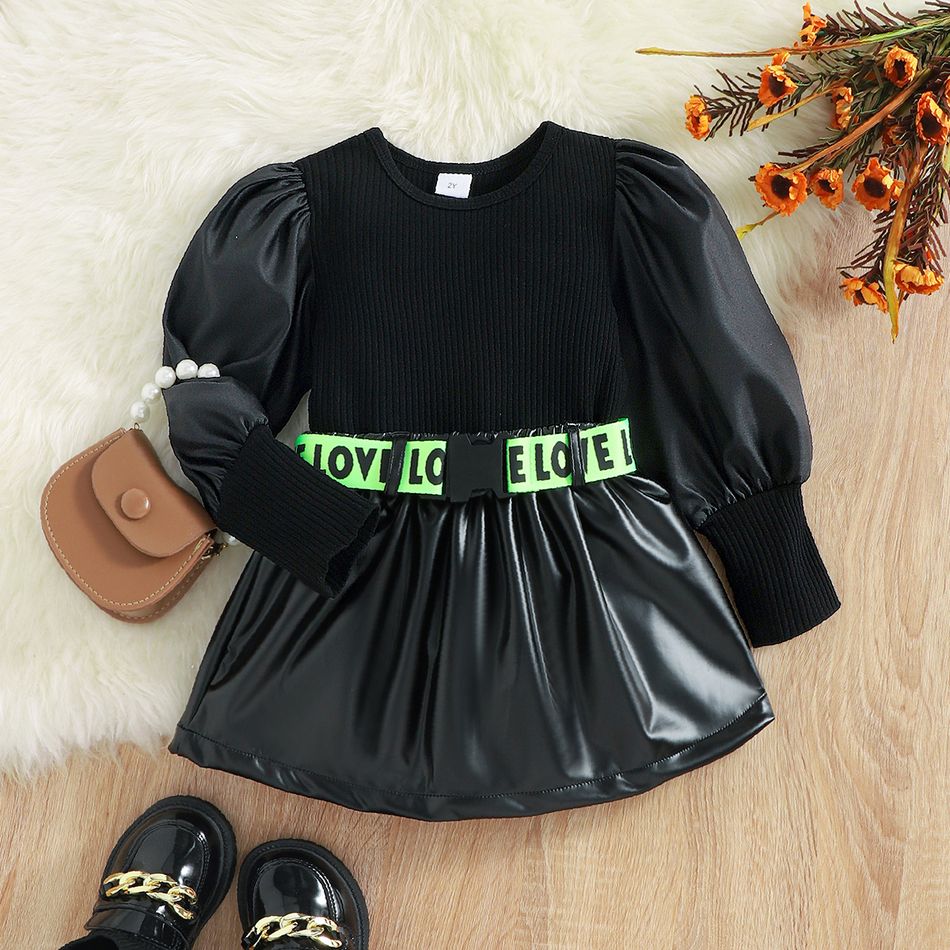 2pcs Toddler Girl Trendy Puff-sleeve Black Tee and Belted PU Skirt Set Black big image 1
