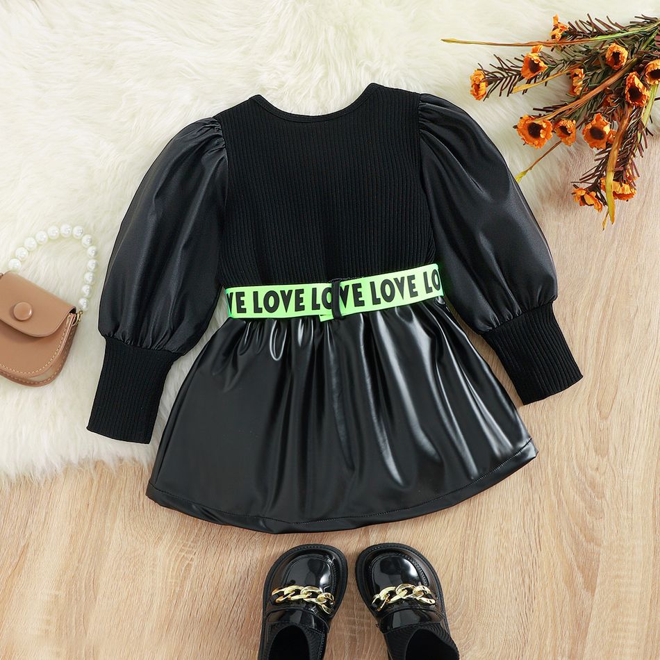 2pcs Toddler Girl Trendy Puff-sleeve Black Tee and Belted PU Skirt Set Black big image 3