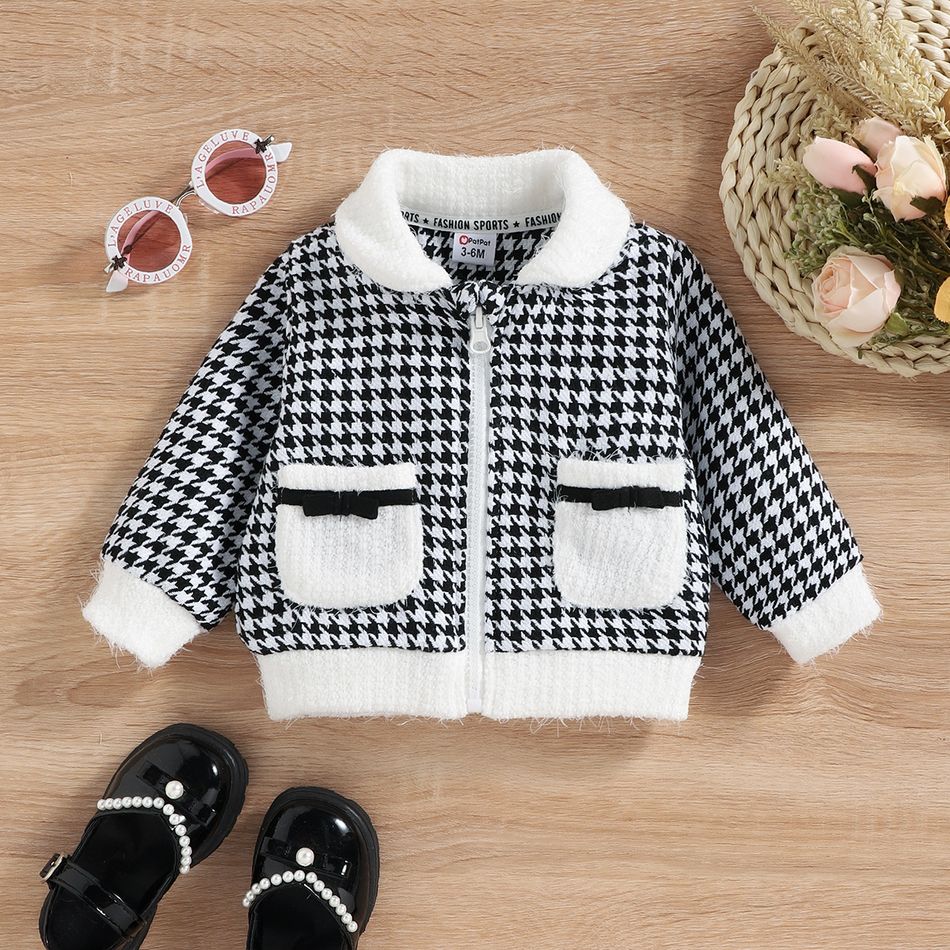Baby Girl Fluffy Knitted Collar Spliced Houndstooth Long-sleeve Zipper Jacket BlackandWhite big image 4