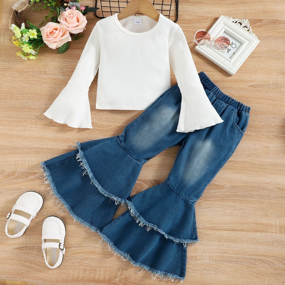 2pcs Toddler Girl Trendy Denim Flared Jeans and Bell sleeves Ribbed Tee Set Blue big image 2