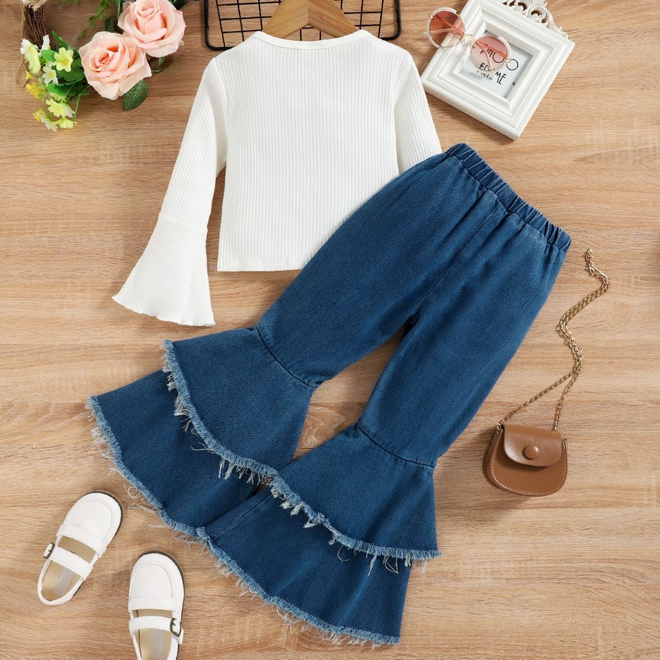 2pcs Toddler Girl Trendy Denim Flared Jeans and Bell sleeves Ribbed Tee Set Blue big image 3