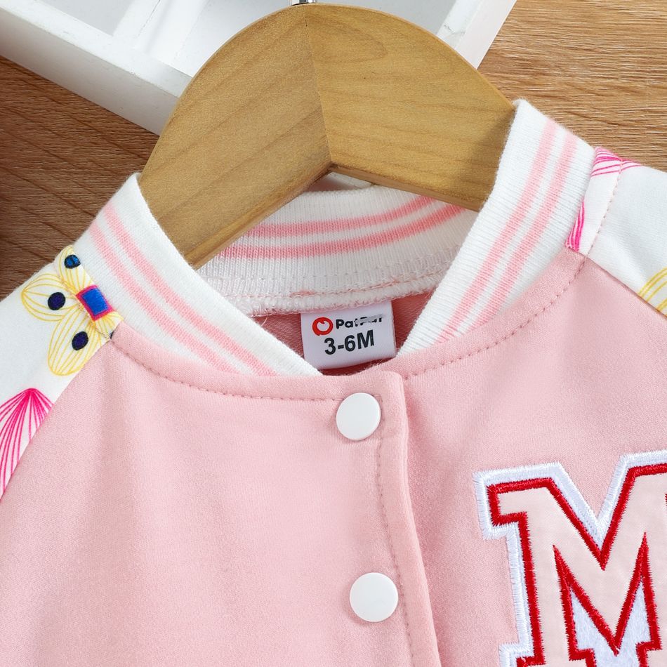 Baby Girl Floral Print Raglan-sleeve Letter Embroidered Button Front Bomber Jacket Pink big image 5