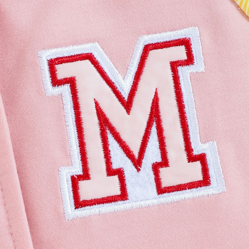 Baby Girl Floral Print Raglan-sleeve Letter Embroidered Button Front Bomber Jacket Pink big image 4