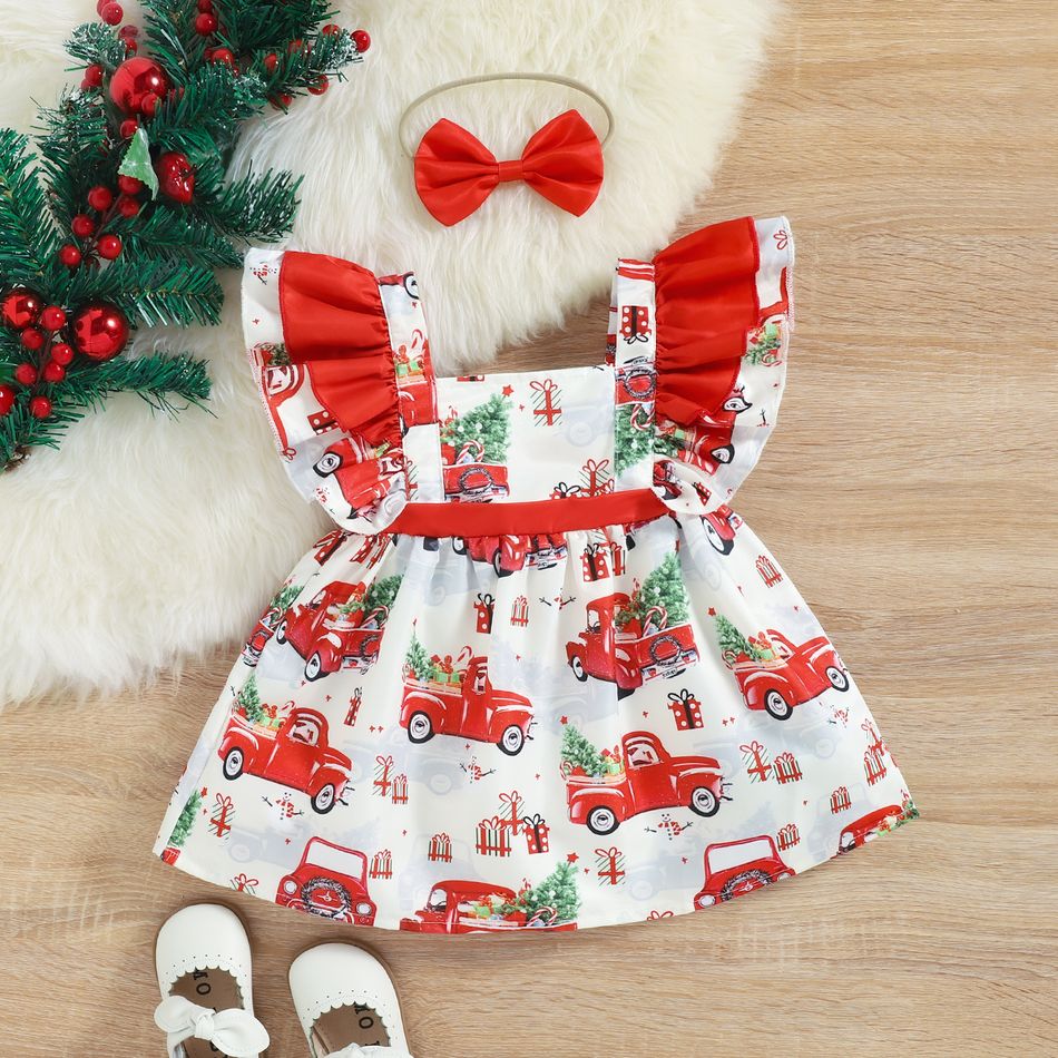 Christmas 2pcs Baby Girl Allover Red Car Print Ruffle Trim Square Neck Dress with Headband Set Red big image 1