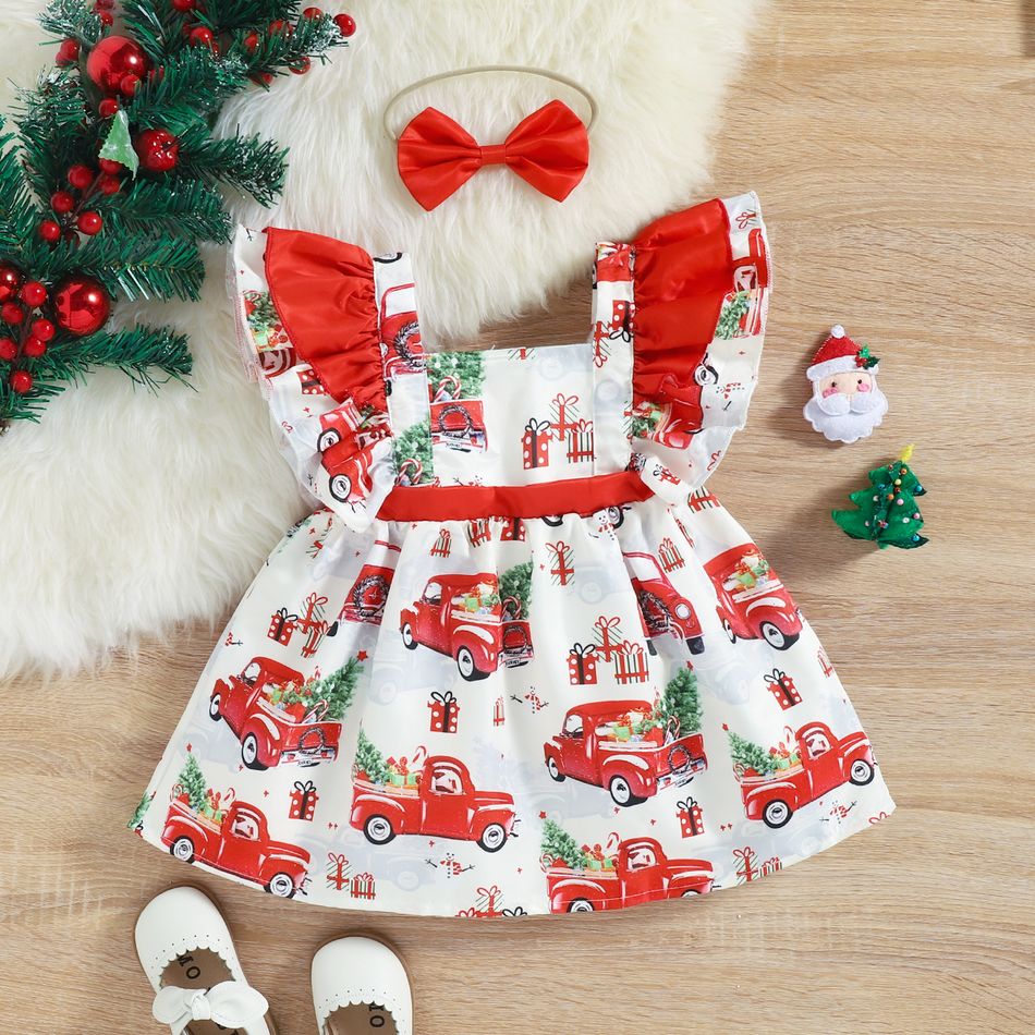 Christmas 2pcs Baby Girl Allover Red Car Print Ruffle Trim Square Neck Dress with Headband Set Red big image 2