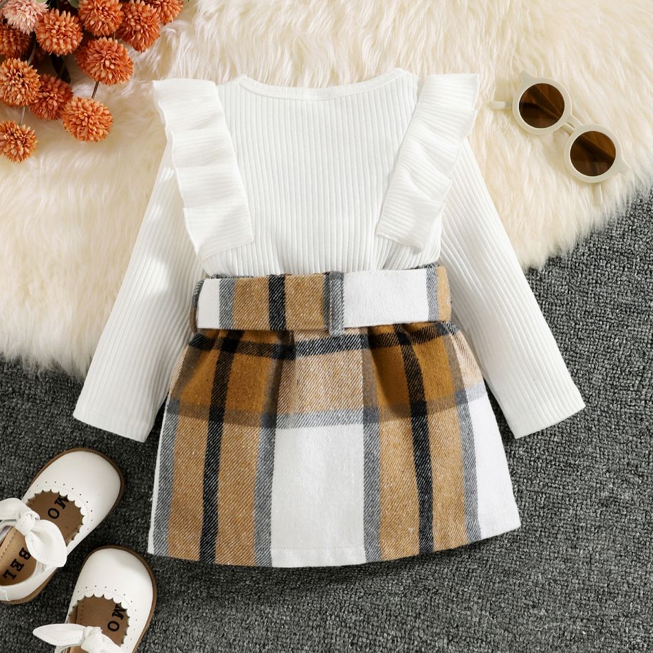2pcs Baby Girl Solid Rib Knit Ruffle Trim Long-sleeve Romper and Button Front Plaid Belted Skirt Set Khaki big image 3