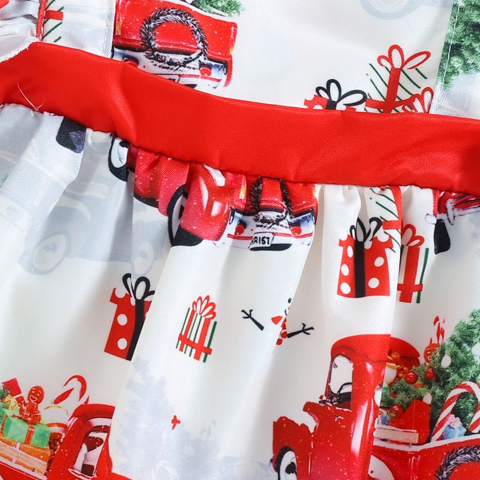 Christmas 2pcs Baby Girl Allover Red Car Print Ruffle Trim Square Neck Dress with Headband Set Red big image 4