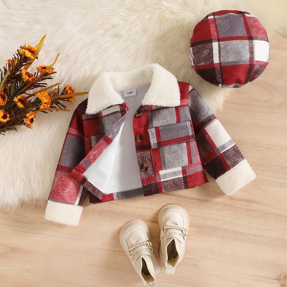 2pcs Baby Girl Red Plaid Long-sleeve Fuzzy Collar Jacket with Hat Set Red big image 1
