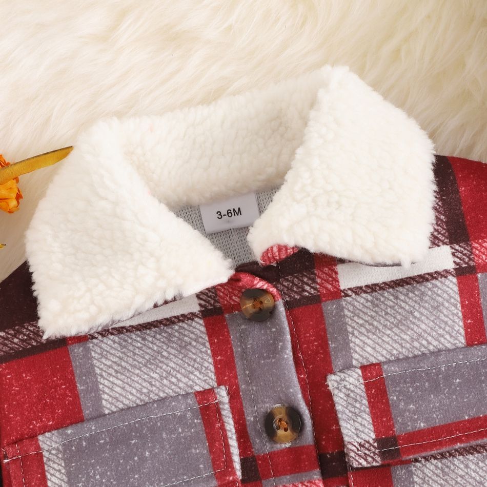 2pcs Baby Girl Red Plaid Long-sleeve Fuzzy Collar Jacket with Hat Set Red big image 2