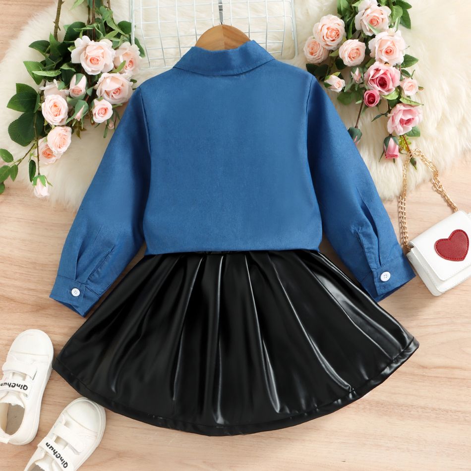 2pcs Toddler Girl Trendy Tie Knot Denim Shirt and PU Skirt Set Blue