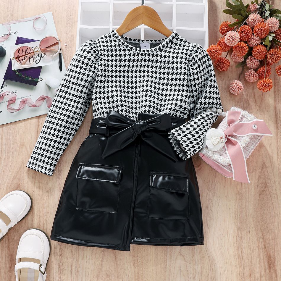 2pcs Toddler Girl Trendy Houndstooth Puff-sleeve Tee and PU Belted Skirt Set BlackandWhite