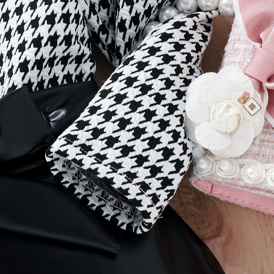2pcs Toddler Girl Trendy Houndstooth Puff-sleeve Tee and PU Belted Skirt Set BlackandWhite big image 4