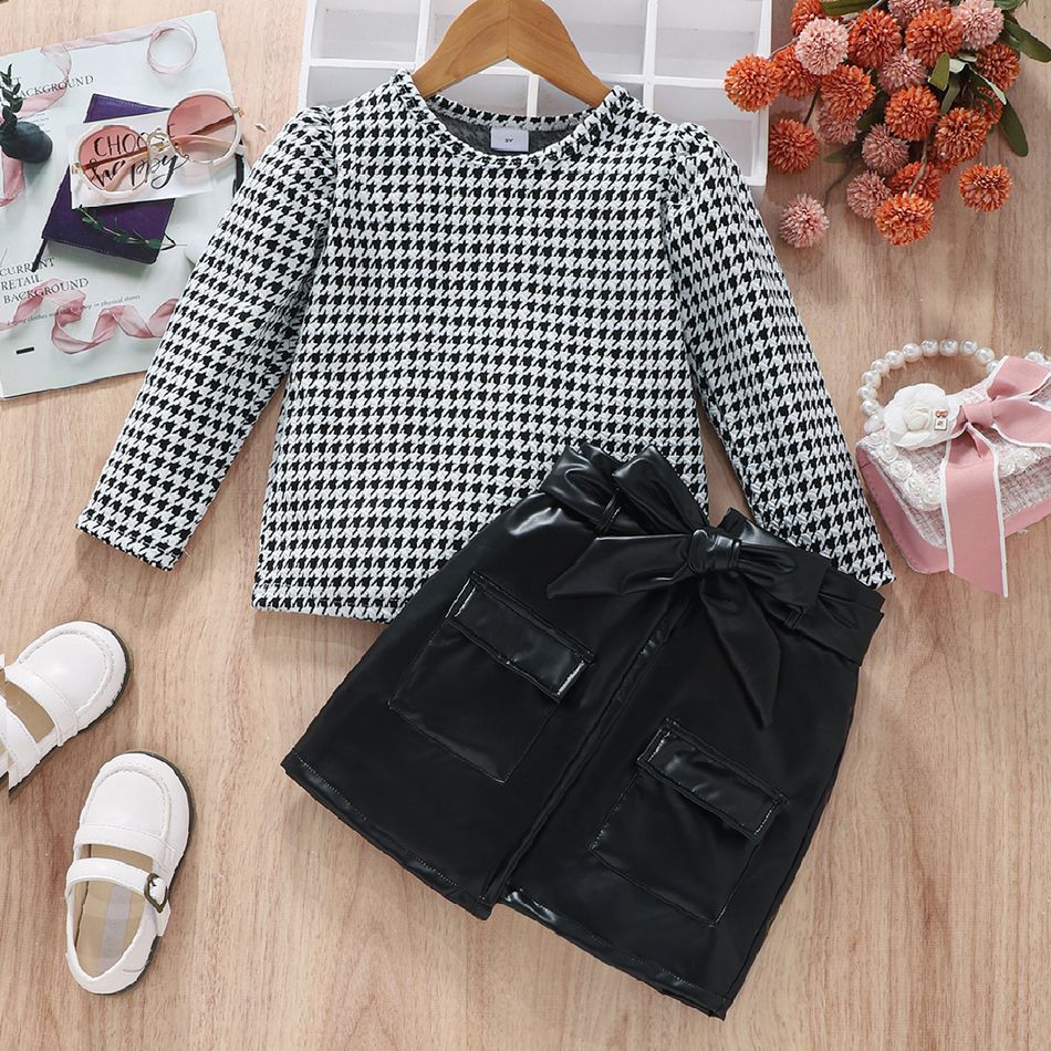 2pcs Toddler Girl Trendy Houndstooth Puff-sleeve Tee and PU Belted Skirt Set BlackandWhite big image 2