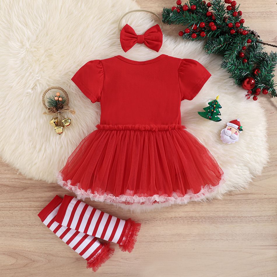 Christmas 3pcs Baby Girl Red Short-sleeve Santa Graphic Mesh Romper Set Red big image 2