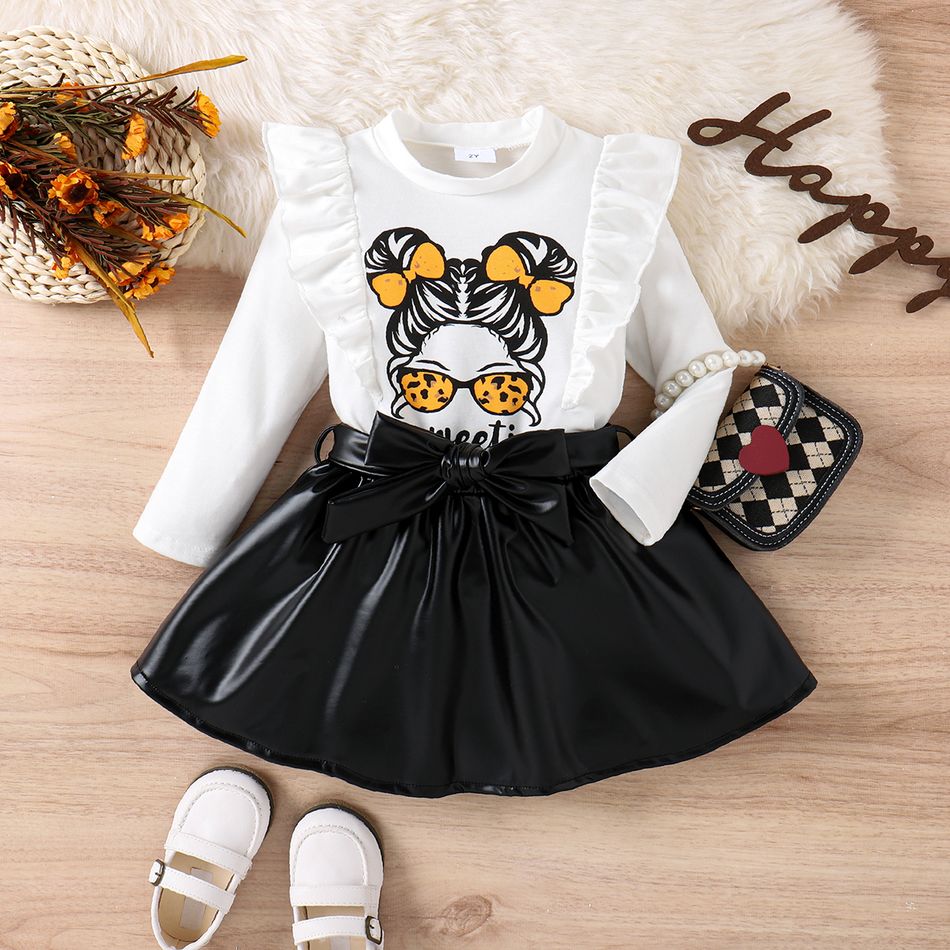 2pcs Toddler Girl Sweet Ruffled Figure Print Tee and Bows Design PU Skirt Set White
