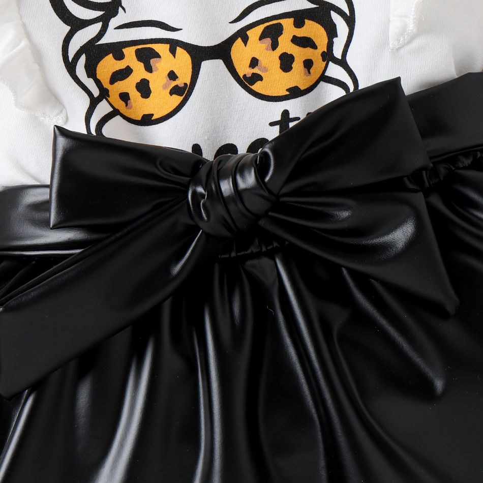 2pcs Toddler Girl Sweet Ruffled Figure Print Tee and Bows Design PU Skirt Set White big image 6