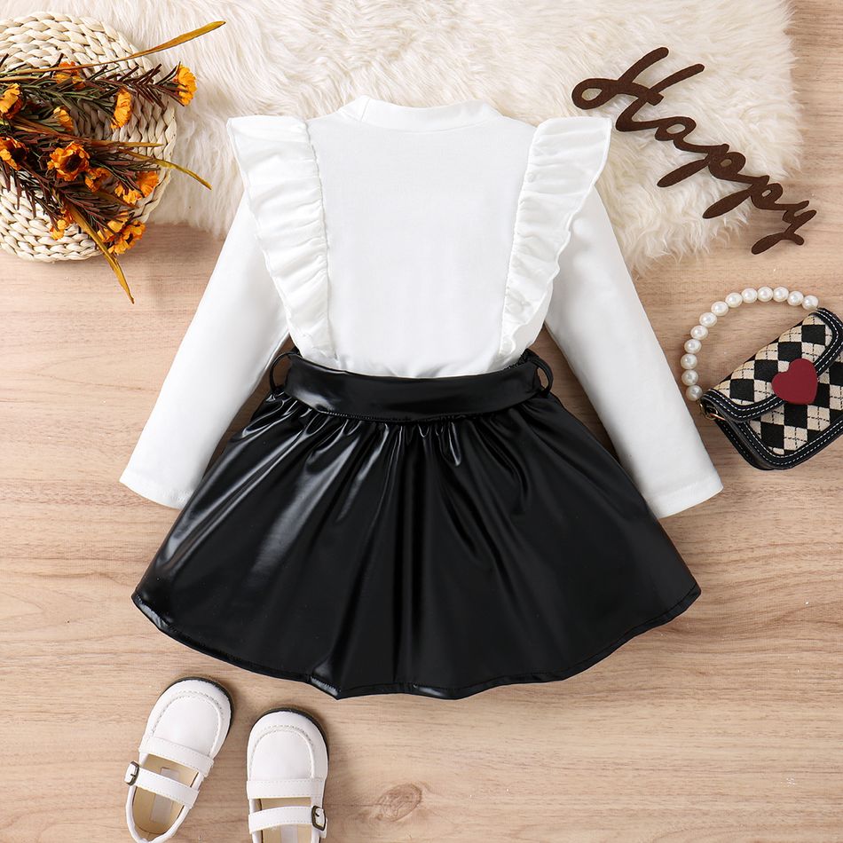 2pcs Toddler Girl Sweet Ruffled Figure Print Tee and Bows Design PU Skirt Set White big image 7